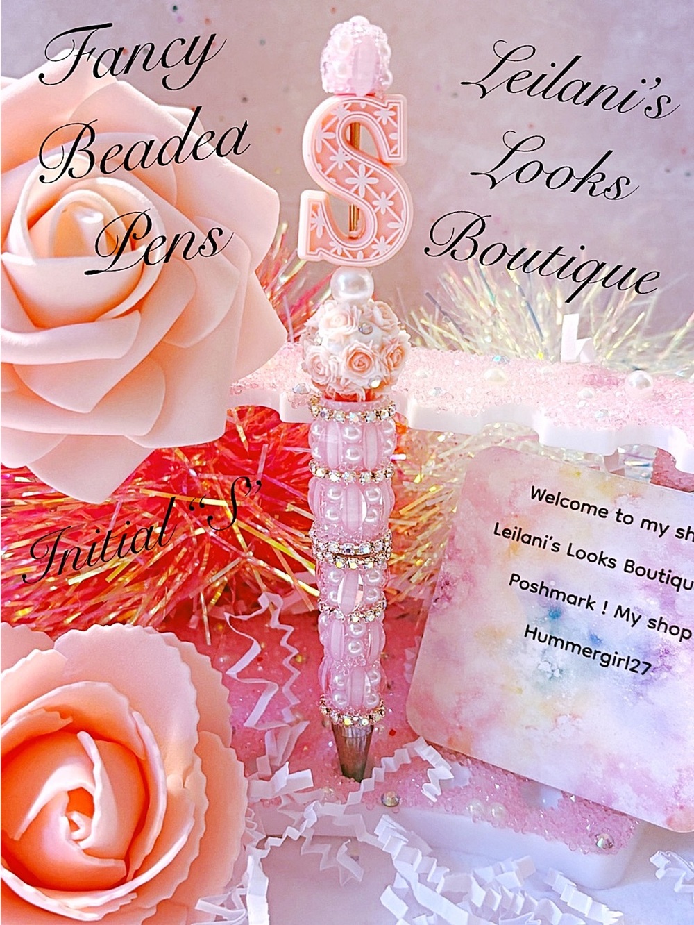 Pink beaded pen with rhinestones and a large letter 'S' at the top/Fancy beaded